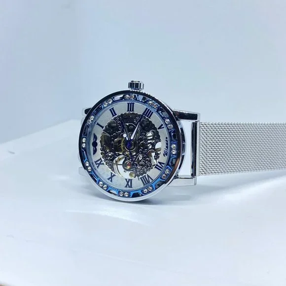 Silver Men's Business Fashion Skeleton Mechanical Watch